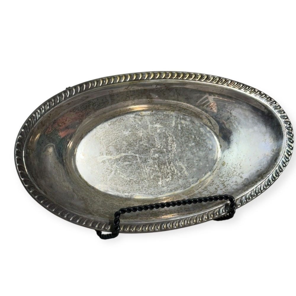 Silver Oval Beautiful Patina Platter with‎ Rope Edge 12”x7”